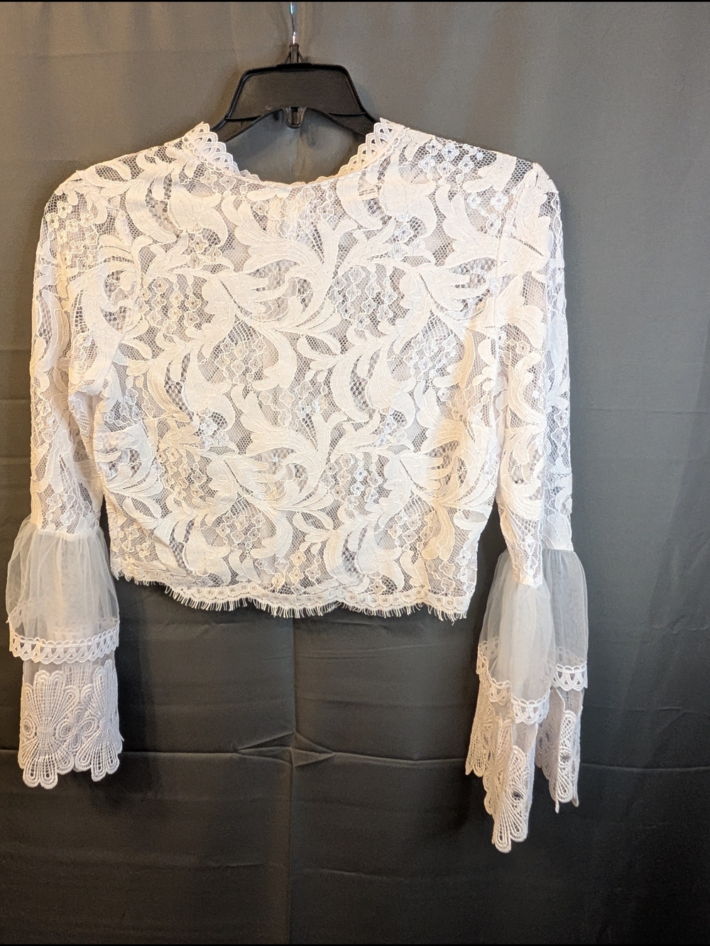 Revamped Boho White Lace Mock Neck Crop Top with Tulle Bell Sleeves